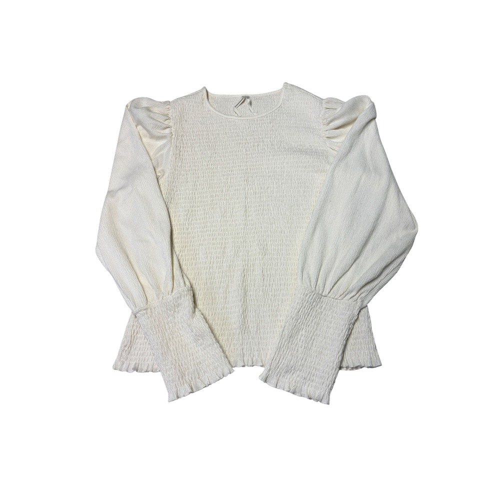 Anthropologie Ivory Smocked Puff Sleeve Blouse XL Cream Textured Top - Picture 1 of 8